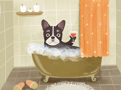 Dog relaxing in a bath animal bathroom branding character character design chilling design digital art dog friday funny green illustration logo pet pug relaxed spa weekend