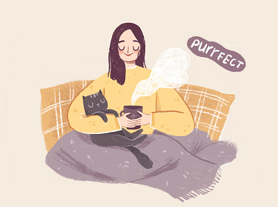 A Perfect Nook. cat character character design cozy cup design digital art flat girl girl character home illustration purple tea winter woman yellow