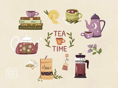 Tea Time Set branding cup design digital art flat grain green illustration kettle lemon logo minimal mug purple stickers tea tea cup teabag teapot yellow