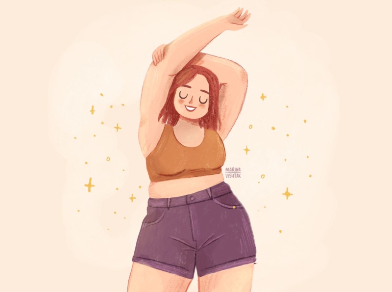 Embrace body positive branding character character design curvy cute design digital art flat girl happy illustration plus size purple smiling yellow