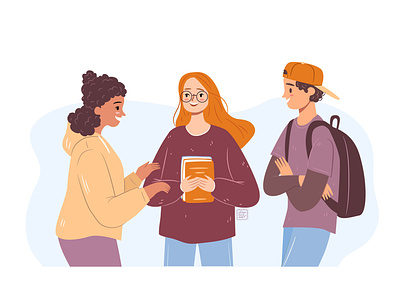 Happy diverse students on a break character college cute design flat girl group guy happy illustration people school smile student talk uni vector young