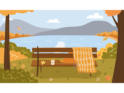 Welcome autumn autumn background banner bench blanket branding design digital art fall flat greeting illustration lake mountains nature orange park scenery season thanksgiving