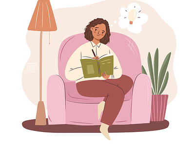 Time for writing! afro american black character cozy cute design digital art flat freelance girl home idea illustration pink sitting student study thinking woman write