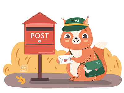 Cute Forest Mail animal autumn cartoon character character design children cute delivery design digital art flat forest illustration logo mail post postbox service squirrel vector
