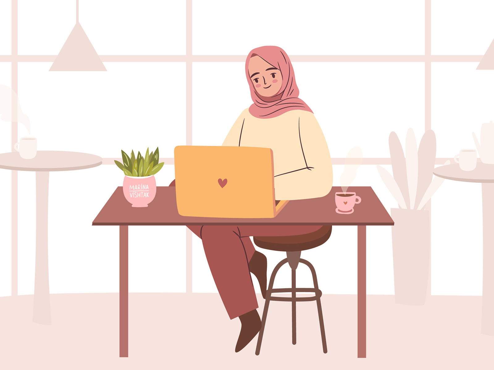 Woman in hijab at cafe business cafe character character design computer coworking cute design empowered empowerement flat freelancer girl hijab illustration laptop muslim vector woman young