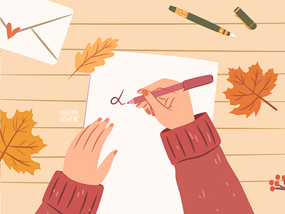 Autumn letter autumn background banner design envelope fall flat flat lay girl illustration leaves letter mail objects season sweater vector woman write yellow