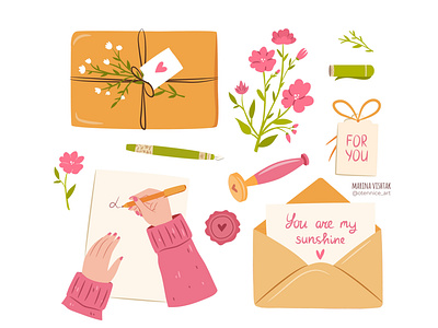 "Gift for you" set branding collection cute design digital art flat flower gift girl illustration logo present set spring