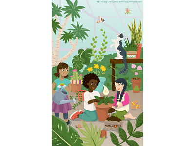 Afternoon in the Greenhouse animals cat children childrens publishing diversity flowers gardening greenhouse growing illustration kidlitart nonfiction plants vector