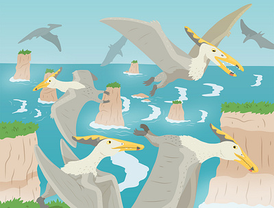 Flock of Pteranodons anceint world animal childrens book illustration childrens publishing cliffs educational educational illustration flying reptile kidlitart natural science nonfiction prehistoric sciart sea vector