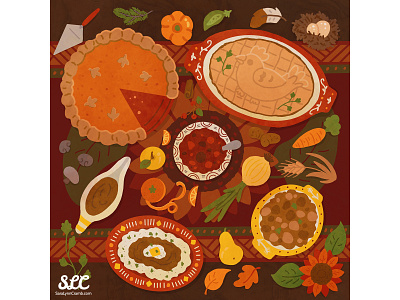 Cabin Friendsgiving Meal cabin cabincore digital illustration food friendsgiving illustration kidlitart meal procreate sunflower thanksgiving