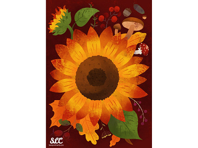 Sunflower botanicals autumn botanical fall flowers illustration leaves licensing mushroom seeds sunflower
