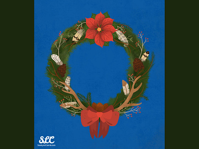 Antler Wreath antler feathers holiday illustration licensing poinsettia winter wreath