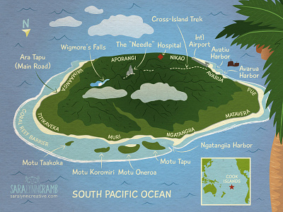 Map of Rarotonga coconut cookislands coralreef fish illustration island map polynesia rarotonga southpacific travel vector