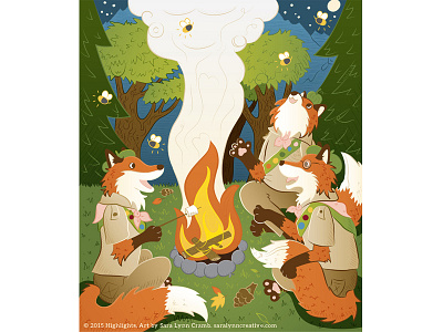 Girl Scout Foxes animals campfire camping fireflies forest girl scouts hidden object puzzle highlights for children kidlitart night red fox vector