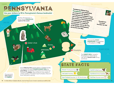 Pennsylvania Map 50 states activity book landmarks map pennsylvania road trip state map stickers travel united states usa vector