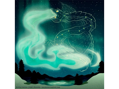 Draco aurora borealis constellation digital illustration draco constellation draco the dragon illustration kidlitart night sky northern lights stars vector illustration