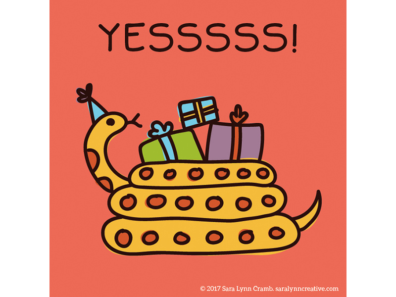 Quirky Animal Birthday Card illustrations-Snake presents snake colorful licensing illustration card birthday party animals