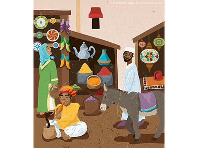 Busy marketplace illustration childrens books childrens publishing donkey kidlitart lanterns market middle east shopping snake charmer spices