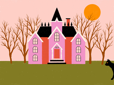 Black Cat animation bad luck black cat day halloween haunted house house illustration moon night scary spooky sun trees victorian home