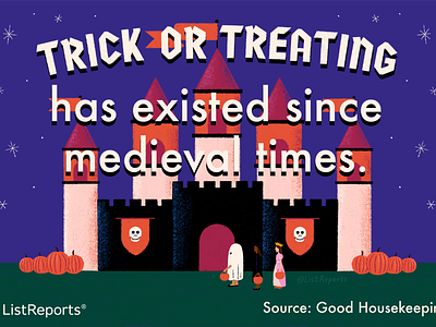 Trick or Treating black lettering black letters castle costume medieval pumpkin skull tower trick or treat