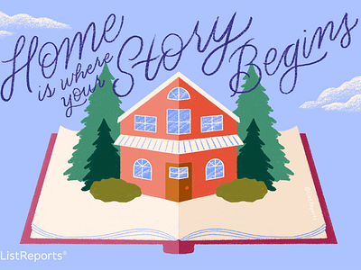 Home is where your story begins book childrens book cursive hand lettering home house illustration lettering neighborhood pop up pop up book real estate storybook trees type typography