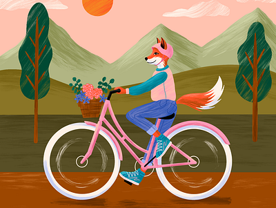 Masie Fox animal basket bike bike ride cartoon flowers fox helmet hills mountains nature sneakers trees