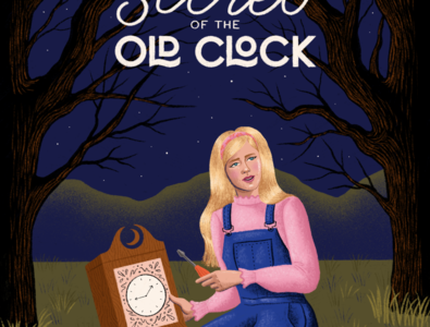 The Secret of the Old Clock book cover childrens book clock crime junie design digitalart drawing hand lettering illustration lettering mystery nancy drew trees true crime typography woman