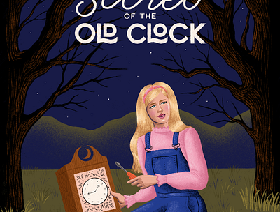 The Secret of the Old Clock book cover childrens book clock crime junie design digitalart drawing hand lettering illustration lettering mystery nancy drew trees true crime typography woman