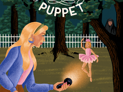 The Clue of the Dancing Puppet backyard book cover character children book illustration childrens book fence flashlight girl hand lettering illustration lettering mystery nancy drew nature outside spooky trees woman