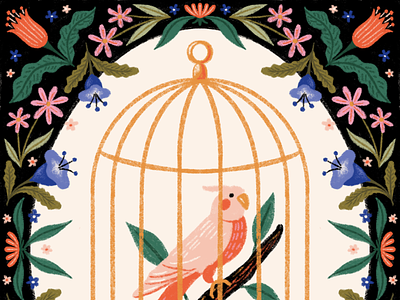 Peachtober day 24 - bird bird bird cage cage floral flowers illustration leaves parakeet