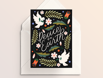 Peace on Earth christmas cursive design dove drawing flowers greeting card hand lettering happy holidays holiday illustration leaves lettering peace typography