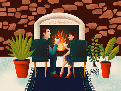 Coffee Date apple pencil clean coffee date design drawing fire fireplace gradient grainy illustration love man minimal people plants procreate woman