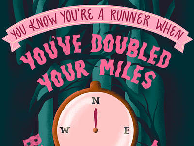 Lost in the Woods compass east forest hand lettering illustration lettering north northwest pink run runner running south teal trees typography woods