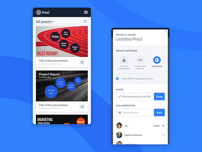 Prezi Dashboard - Mobile app blue dashboard mobile modal prezi share ui ui design ux ux design web web design