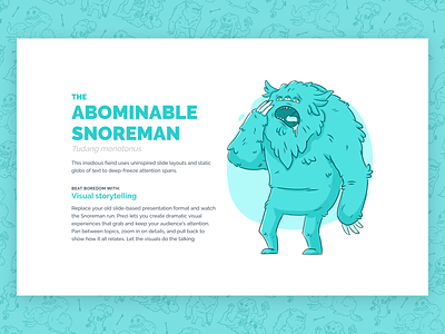 Beasts of Boredom - Abominable Snoreman campaign dreamforce illustration monster prezi teal ui ui design ux ux design web web design yeti