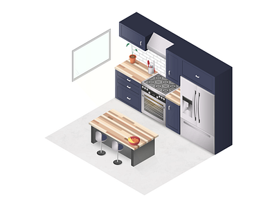 Kitchen Illustration Colorized 3d blue butcher block color colorized concrete illustration isometric kitchen scene vector wood