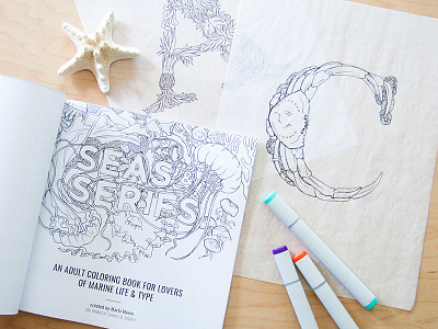 Seas & Serifs adult coloring book illustration lettering sea life typography