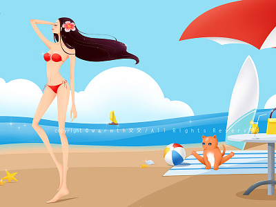 海边1 女孩 插图 插画 沙滩 海边 猫