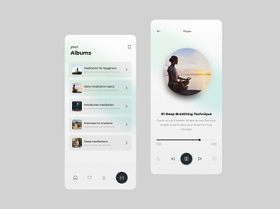 Meditation App android appdesign button design ios list meditate meditation minimal mobile player playlist podcast song tabbar ui