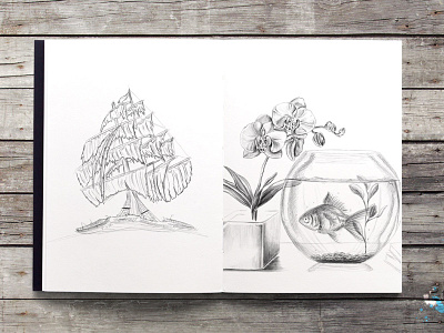 Morning sketch book design drawing fish illustration notepad paper pencil photography ship sketch wood
