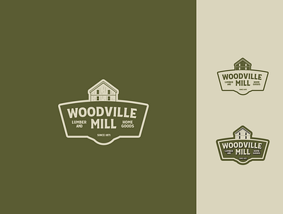 Woodville Mill Logo barn branding green home goods logo lumber mill muted red retro logo