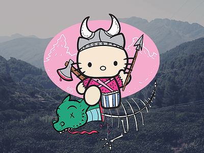 Hello "Viking" Kitty cute dragon hatchet hello kitty helmet horns illustration pink skeleton spear viking war