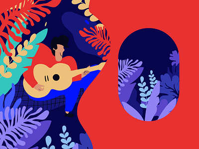Ballad (wallpaper) character forest guitar illustration leave magic man music performance picnic song summer