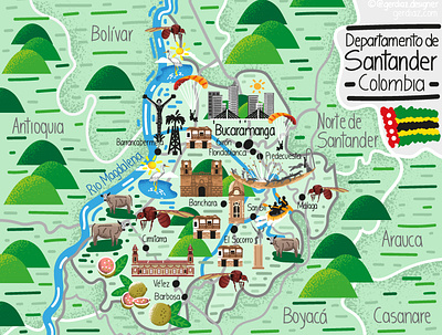 Illustrated Map of Santander - Colombia bucaramanga colombia colombian illustration illustrated map map maps santander vector