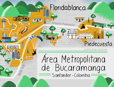 Map of the metropolitan area of Bucaramanga color colorful illustrated map illustration map vector
