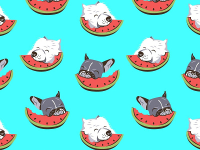 Doggies and watermelons animal color colorful design fun funny illustration pattern patterns surface pattern textile vector watermelon