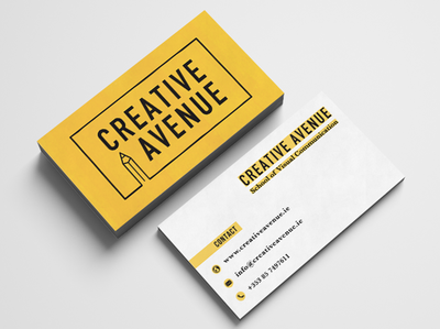 Business Card Design Creative Avenue border branding business card college corporate design icon identity logo logo design modern monoline negative space pencil school typography university white yellow