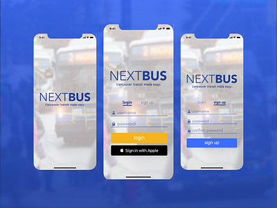 NextBUS Sign Up/Login app dailyui ios ui