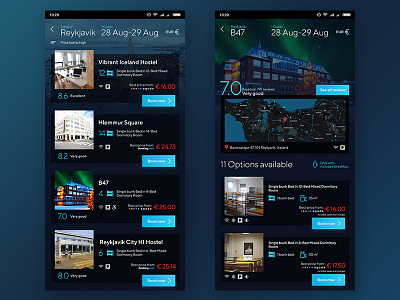 Hostel booking app, part of cheap travel service analytics android app applicaiton booking booking app dark design ios mobile travel ui ux
