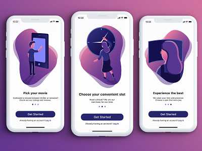 Ticket booking app - Walkthrough applicaiton blue booking app cinema app gradient illustation illustrator iphone 10 isomatric minimal movie movie app photoshop pink time ui vector violet walkthrough